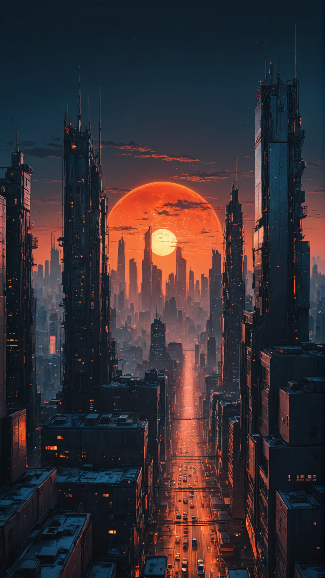 Cyberpunk cityscape,futuristic metropolis,massive red sun,twilight,silhouette,skyscrapers,neon lights,intricate cabling,po...